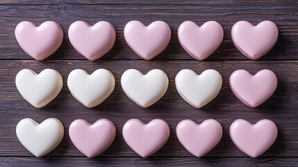 Heart shaped candies arranged in rows on dark wood surface alternating pink and white shades
