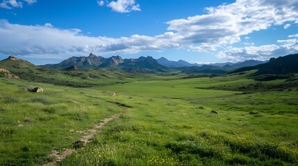 Obraz premium Expansive green valley with mountains under a bright blue sky showcasing nature's pristine beauty : Generative AI