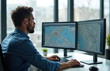 Man sits at desk office working two computer monitors. Transport planner focuses on maps, route options analysis. Modern workstation, urban logistic planning, technology.