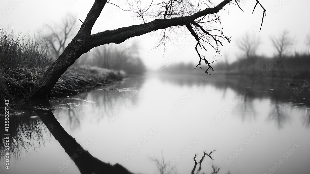 Poster serene black and white landscape with a tree leaning over a reflective calm river : generative ai