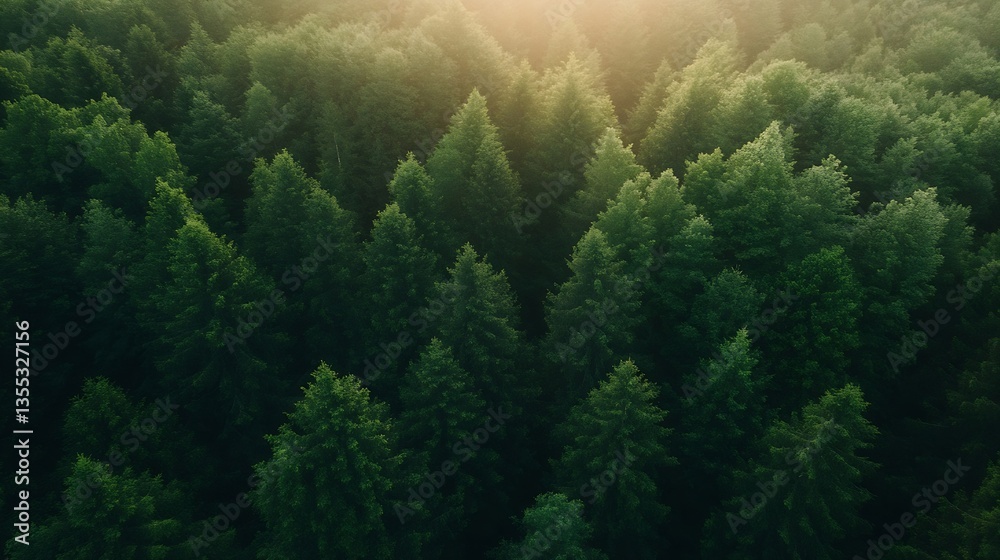 Aufkleber aerial view of a dense evergreen forest basking in warm sunlight during the early morning hours : ge