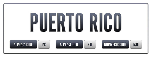 Puerto Rico. Illustration with ISO 3166-1 Country Code.  ISO Alpha-2, Alpha-3 and Numeric code. Two three letters and numbers.