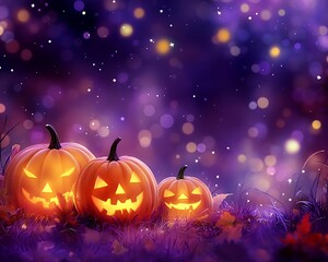 Fototapeta premium Halloween Jack-o'-Lanterns in a mystical meadow.