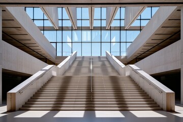 Obraz premium Modern architectural design with grand staircase and sunlit atrium