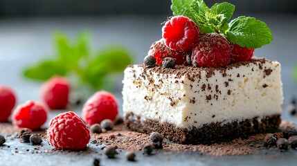 Delicious Cheesecake Dessert with Raspberries, Mint, and Chocolate Sprinkles