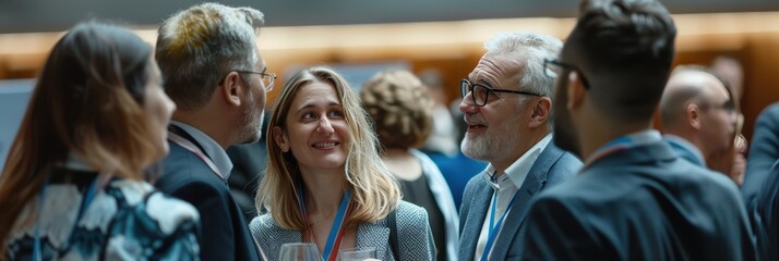 Group of business people in formal attire networking and sharing insights at a conference