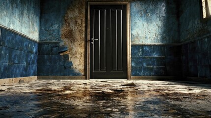 Fototapeta premium Present a darkened doorway leading to a barren room, soft shadows evoking feelings of neglect and economic despair.