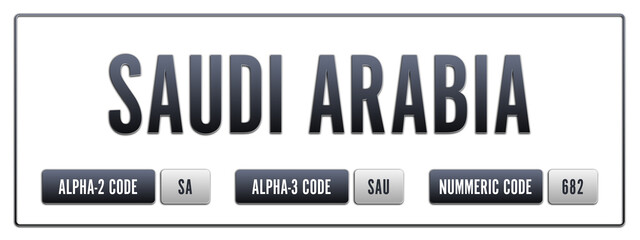 Saudi Arabia. Illustration with ISO 3166-1 Country Code.  ISO Alpha-2, Alpha-3 and Numeric code. Two three letters and numbers.