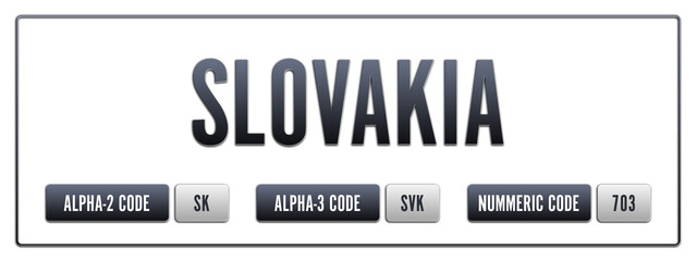Slovakia. Illustration with ISO 3166-1 Country Code.  ISO Alpha-2, Alpha-3 and Numeric code. Two three letters and numbers.