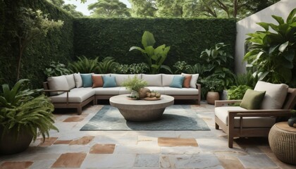 Fototapeta premium Cozy Outdoor Patio with Lush Greenery and Modern Furniture