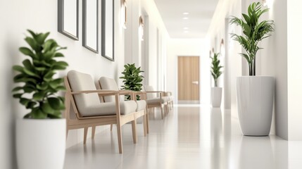Modern clinic hallway with waiting area and plants.