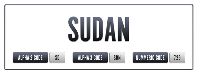 Sudan. Illustration with ISO 3166-1 Country Code.  ISO Alpha-2, Alpha-3 and Numeric code. Two three letters and numbers.