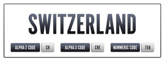 Switzerland. Illustration with ISO 3166-1 Country Code.  ISO Alpha-2, Alpha-3 and Numeric code. Two three letters and numbers.