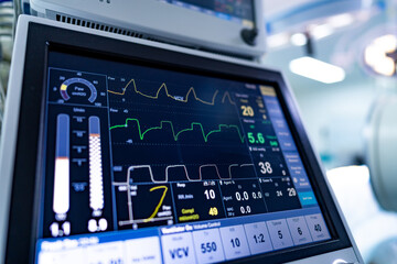 Tracking vital signs in healthcare. Medical equipment displays vital signs, indicating a patient's...