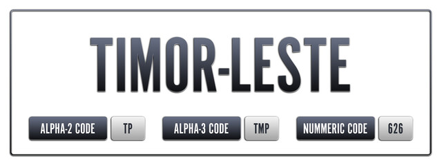 Timor-Leste. Illustration with ISO 3166-1 Country Code.  ISO Alpha-2, Alpha-3 and Numeric code. Two three letters and numbers.