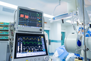 OR surgical monitoring gear. Advanced medical equipment displays vital signs and patients' data in...