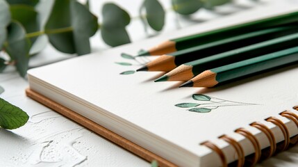 Artistic arrangement of green pencils and botanical sketches on spiral notebook