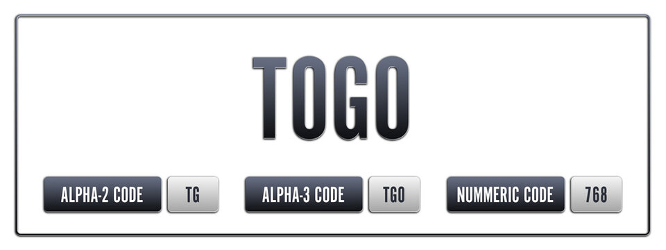 Togo. Illustration with ISO 3166-1 Country Code.  ISO Alpha-2, Alpha-3 and Numeric code. Two three letters and numbers.