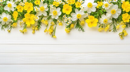Fototapeta premium Floral arrangement with yellow and white flowers on white wood background spring themes