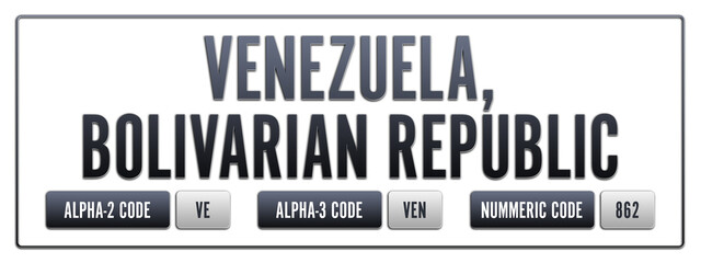 Venezuela, Bolivarian Republic. Illustration with ISO 3166-1 Country Code.  ISO Alpha-2, Alpha-3 and Numeric code. Two three letters and numbers.