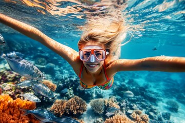 Fototapeta premium A attractive and sexy happy asian young woman with blond hair in a swimming mask and fins snorkeling among the corals. A dense school of silver fish swims next to her. Tropical sea exploration.
