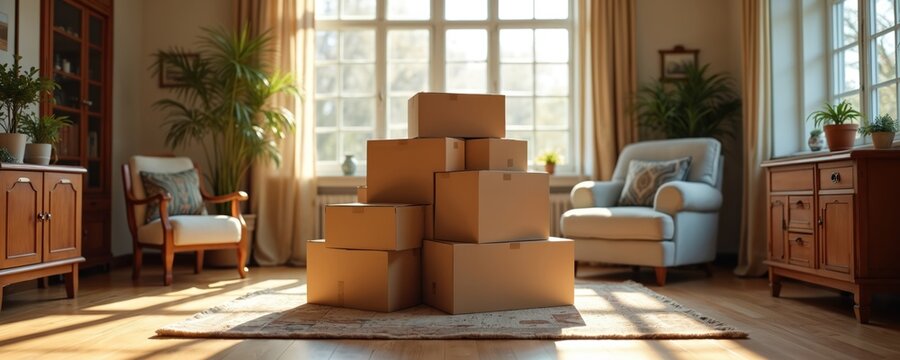 Cardboard boxes stacked in old house living room ready for relocation. Home update, packing, moving day preparation. Relocation, downsizing concept for logistics, household organization.