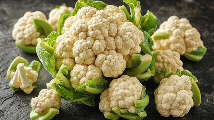 Realistic cauliflower with rustic, textured surfaces highlighted against a dark background