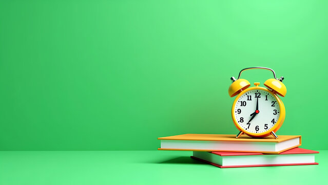 School accessories with books and alarm clock. Back to school concept on green background with copy space. 3D Rendering, 3D Illustration