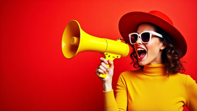 Stylish brunette woman shouting in megaphone about final sales and Black Friday discounts on red background
