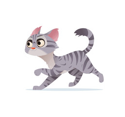 A charming digital illustration of a happy tabby cat running energetically. The cat has big expressive eyes, grey striped fur, and a cheerful expression. Perfect for pet and animal-themed designs