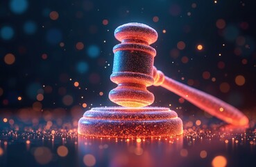 Digital gavel of justice, legal tech concept, glowing with neon light. Cyber law, online legal system, cybercrime, data protection, intellectual property, and digital contract verdict.
