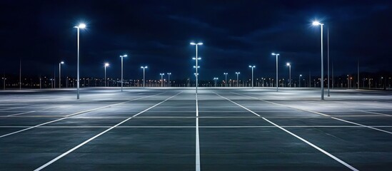 An empty parking lot bathed in the cool glow of streetlights at night, creating a sense of solitude and urban tranquility
