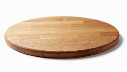 Round wooden cutting board on white background. Blank kitchen utensil food prep design. Natural hardwood timber texture, brown rustic plank. Isolated object, tabletop, advertisement, cookery.