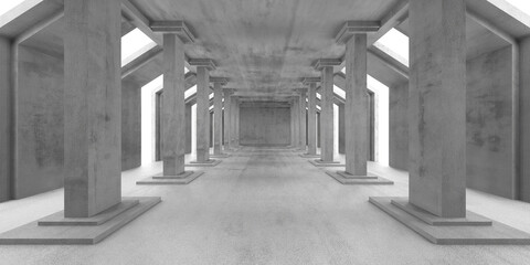 Futuristic concrete hallway with symmetrical columns for modern architecture design. 3d render