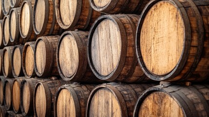 Weathered Stacked Whisky Barrels: A Glimpse into Aged Spirits from the Heart of the Distillery