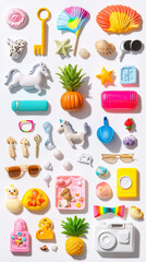 Fototapeta premium Assortment of colorful toys and decorative objects displayed on a white surface in a flat lay arrangement.