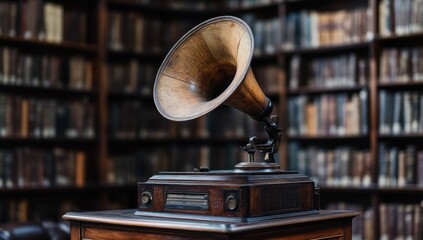 Nostalgic melody an antique phonograph in a vintage library setting