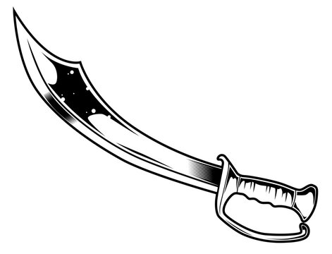 Schwarz-wei&szlig;e Darstellung eines gebogenen Piratens&auml;bels mit Handschutz. Ideal f&uuml;r Piratendesigns, Abenteuer, Waffenmotive, Ausmalbilder oder Symbolik von Kampf und Freiheit.