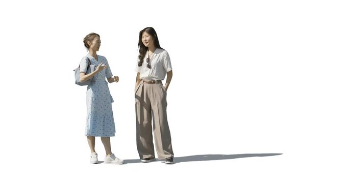 Two asian women standing outside and talking isolated on white and transparent background. Prores video with alpha channel and sunlight shadows.