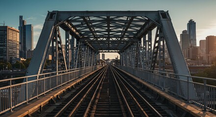 Fototapeta premium Railroad Bridge Crossing Chicago Skyline at Sunset with Abstract Ironwork. Urban Transportation, Construction, Travel Destination, Chicago Illinois, Travel Photography