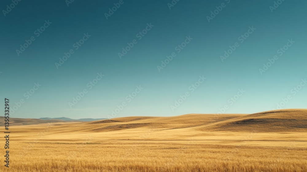 Poster golden wheat field under clear blue sky with soft sunlight creating a calm natural atmosphere in a r