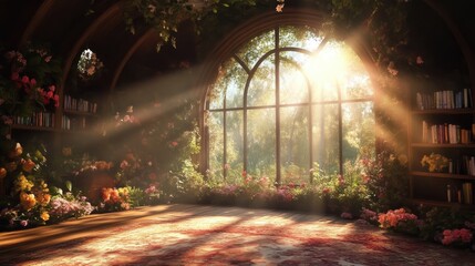 Sunlit, floral-filled room with arched window