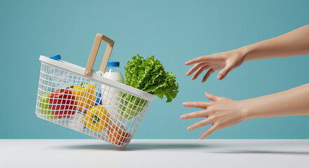 A conceptual and minimalist stock image depicting a modern shopping basket suspended above a pair of outstretched hands, symbolizing online shopping, grocery delivery