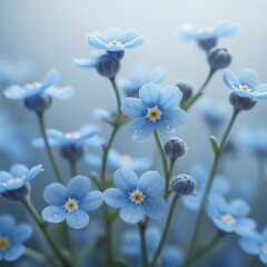 Powder-blue forget-me-nots with frosted glass effect, wispy motion blur, minimalist floral texture, cool-toned dreamy ambiance.