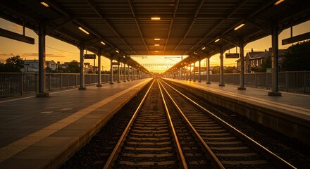 Train rail perspective during scenic golden sunset, transportation hub for travel, railway station platform in evening light for transportation, landscape background