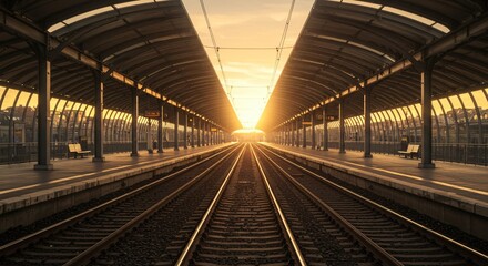 Sunlight shining through modern railway station illuminating tracks, perspective view perfect for travel blog, tourism website design, poster, or commercial