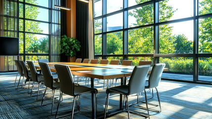 Obraz premium Conference room featuring large windows that offer views of lush greenery, modern design, and ample natural light.