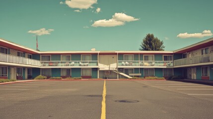 Obraz premium Retro Vacation Haven: A Nostalgic 70s Vintage Motel Facade for Unforgettable Travel Experiences