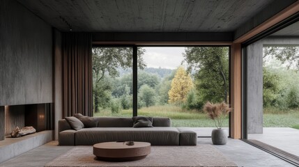 Fototapeta premium Modern Living Room with Forest View with Minimalist Design.
