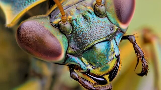 A macro close-up of the head of a beetle, showcasing its mouth, antennae and exosqueleton. Generative AI content.